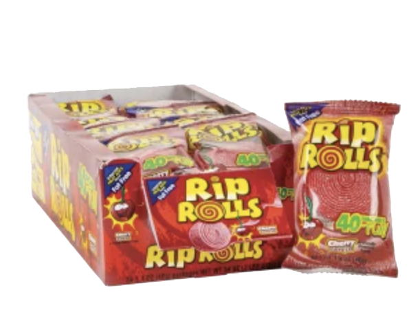 Cherry Rip Rolls candy pouch beside a red display box of individually wrapped rolls.