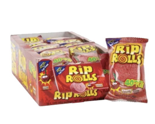 Cherry Rip Rolls candy pouch beside a red display box of individually wrapped rolls.