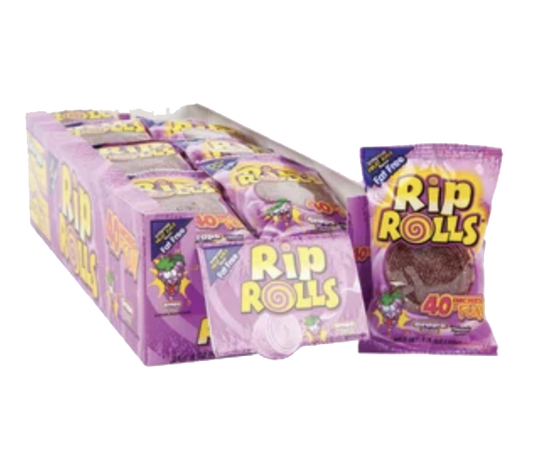 Grape Rip Rolls candy pouch beside a purple display box.