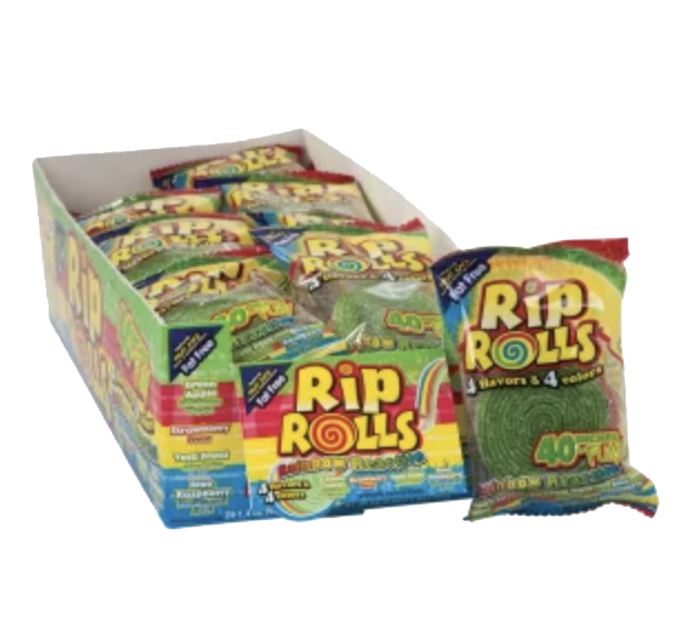 Rainbow Rip Rolls candy pouch beside a multicolored display box.