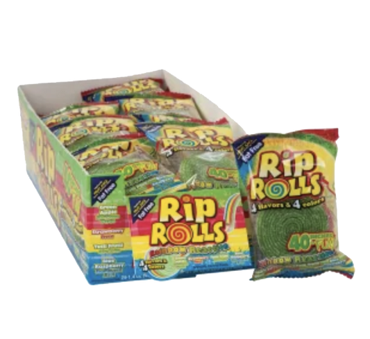 Rainbow Rip Rolls candy pouch beside a multicolored display box.