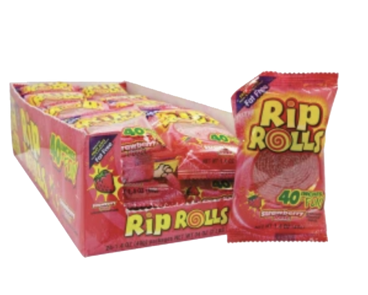 Strawberry Rip Rolls candy pouch beside a pink display box of individually wrapped rolls.