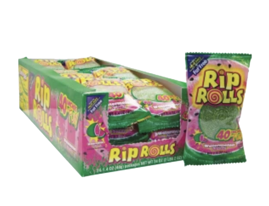 Watermelon Rip Rolls candy pouch beside a green and pink display box.