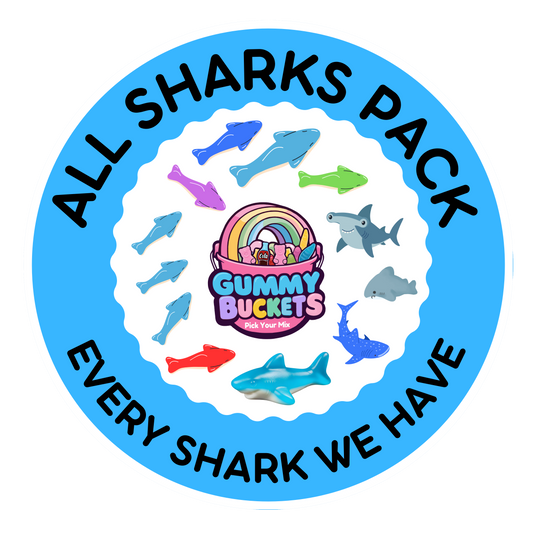 A circular sticker or label design with a blue outer ring and white scalloped center. Black text around the ring reads “ALL SHARKS PACK” and “EVERY SHARK WE HAVE.