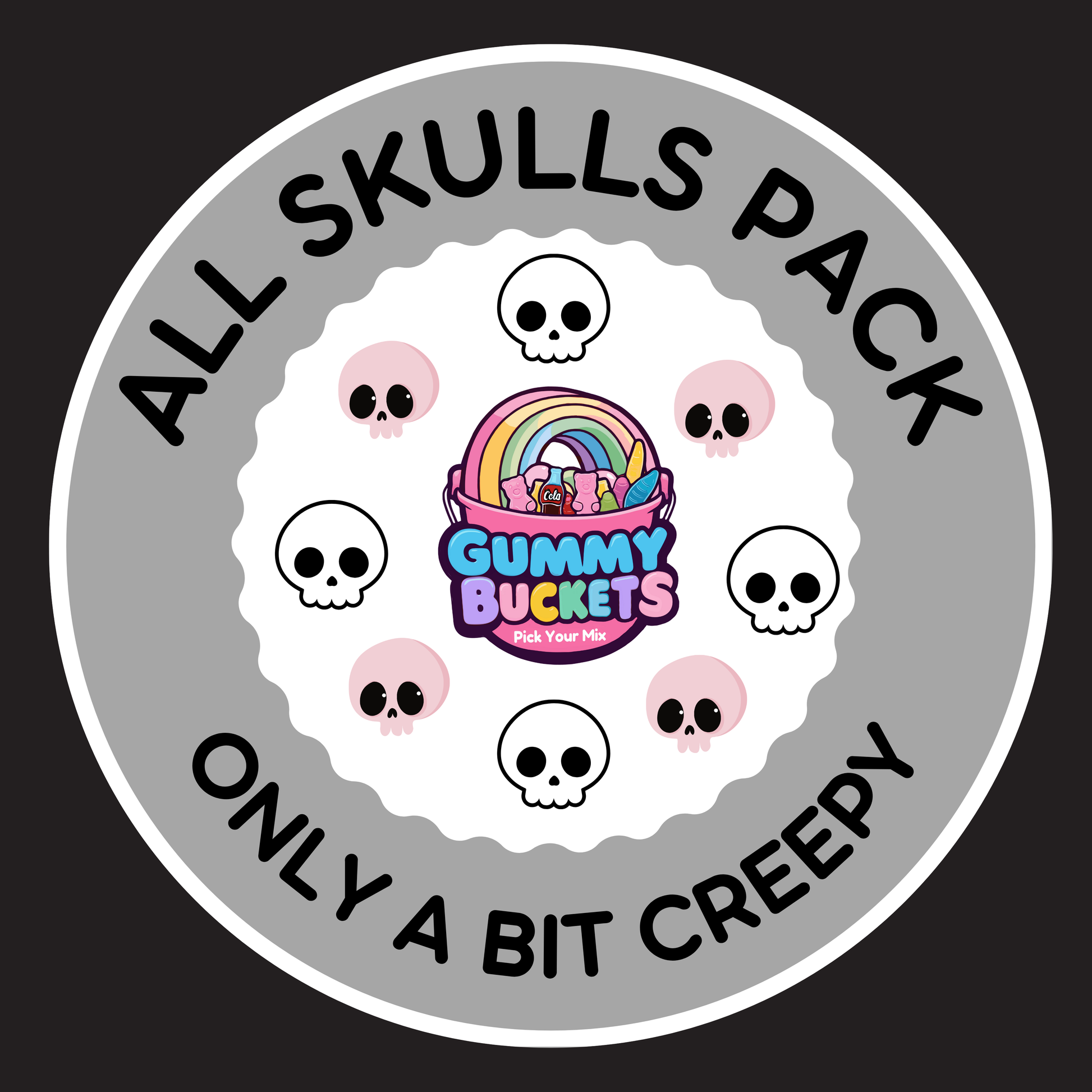 Circular logo with cartoon skulls and a rainbow-colored product packaging, on a black background.