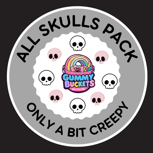 Circular logo with cartoon skulls and a rainbow-colored product packaging, on a black background.