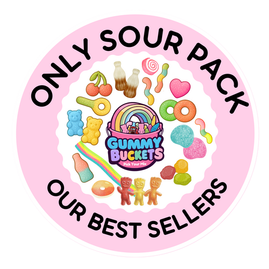 A circular pink graphic with the text 'ONLY SOUR PACK' at the top and 'OUR BEST SELLERS' at the bottom. The center shows a colorful candy-themed logo reading 'Gummy Buckets Candy Store' surrounded by illustrated sour gummy candies, lollipops, bottles, and treats.
