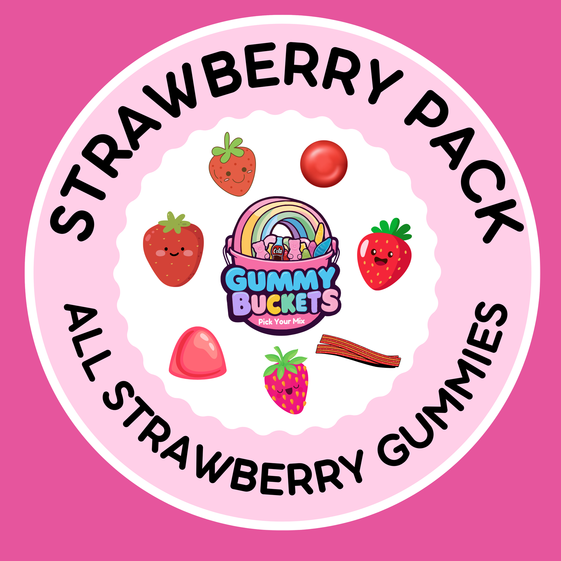 Circular logo for Gummy Buckets Strawberry Pack on a pink background