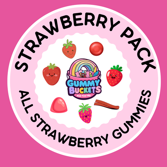 Circular logo for Gummy Buckets Strawberry Pack on a pink background