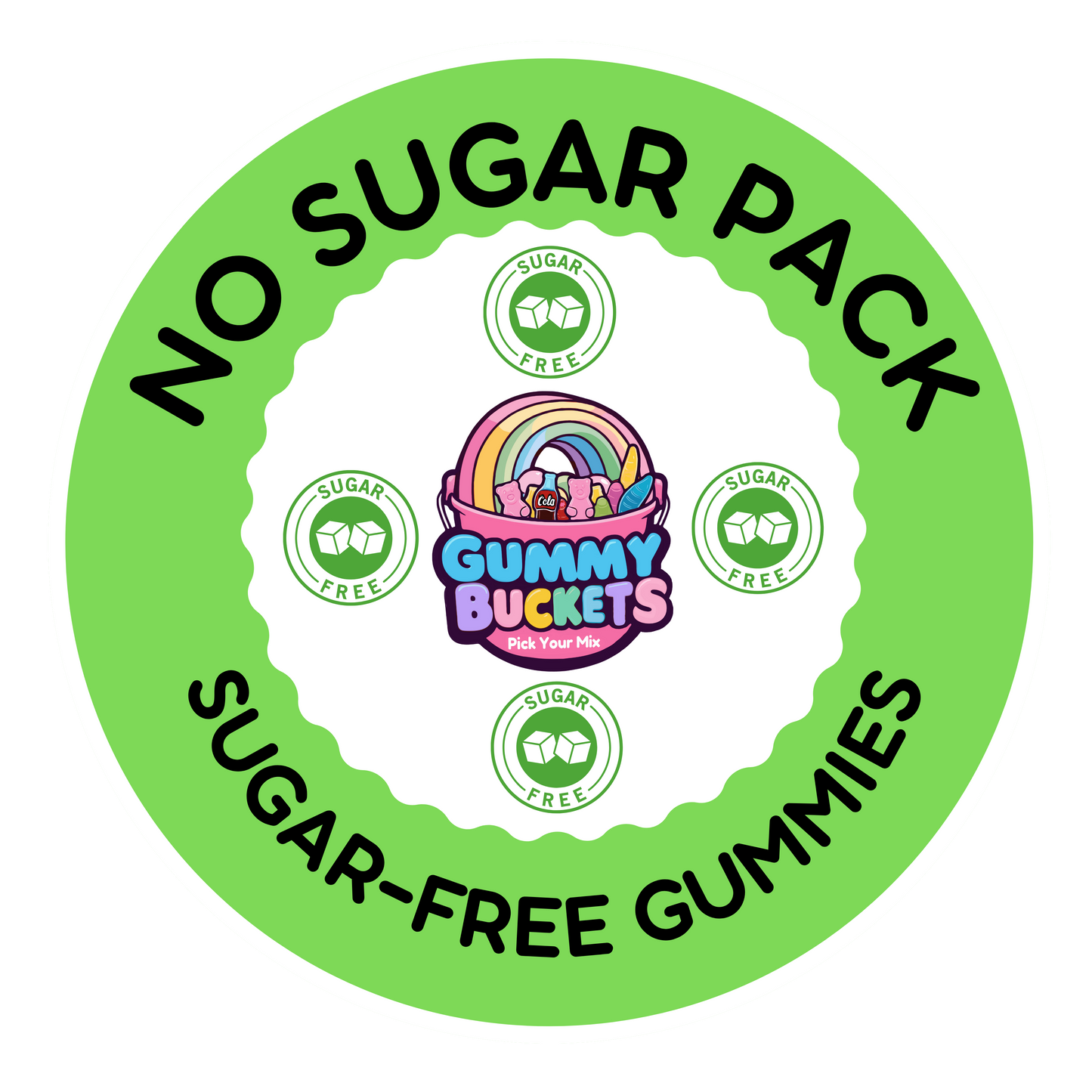 A circular green and white graphic with the text 'NO SUGAR PACK' and 'SUGAR-FREE GUMMIES' around a central 'Gummy Buckets' logo. Smaller 'SUGAR-FREE' badges are placed around the center on a plain white background.
