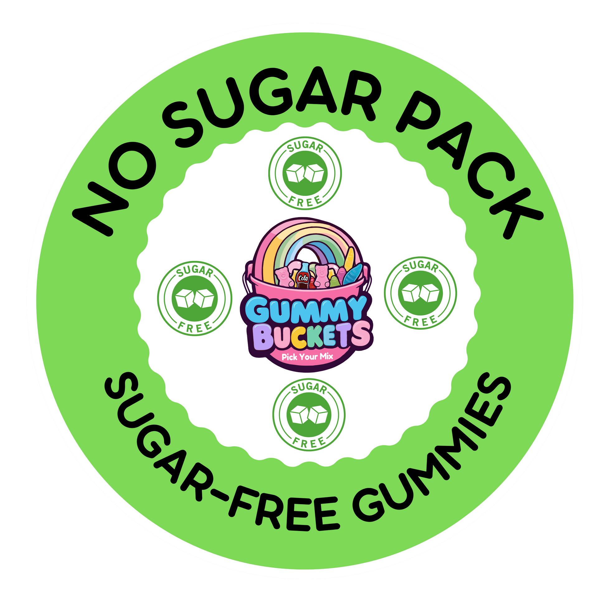 A circular green and white graphic with the text 'NO SUGAR PACK' and 'SUGAR-FREE GUMMIES' around a central 'Gummy Buckets' logo. Smaller 'SUGAR-FREE' badges are placed around the center on a plain white background.