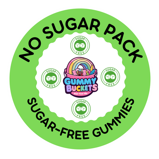 A circular green and white graphic with the text 'NO SUGAR PACK' and 'SUGAR-FREE GUMMIES' around a central 'Gummy Buckets' logo. Smaller 'SUGAR-FREE' badges are placed around the center on a plain white background.