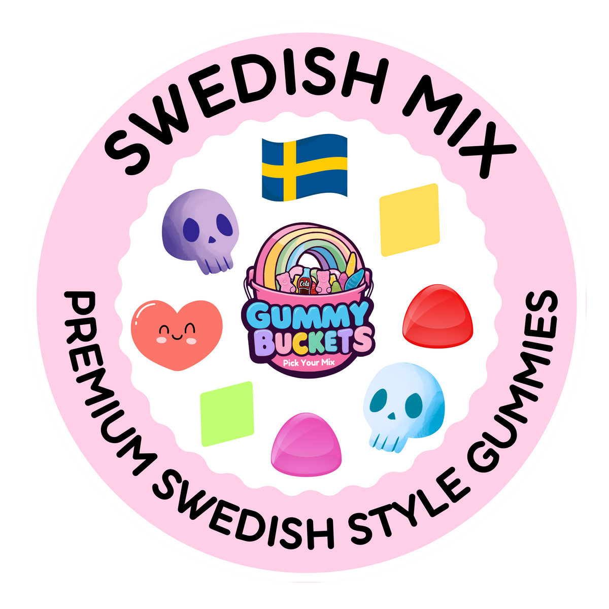 Circular logo for Swedish Mix Gummy Buckets with colorful gummy candies and a Swedish flag on a pink background.