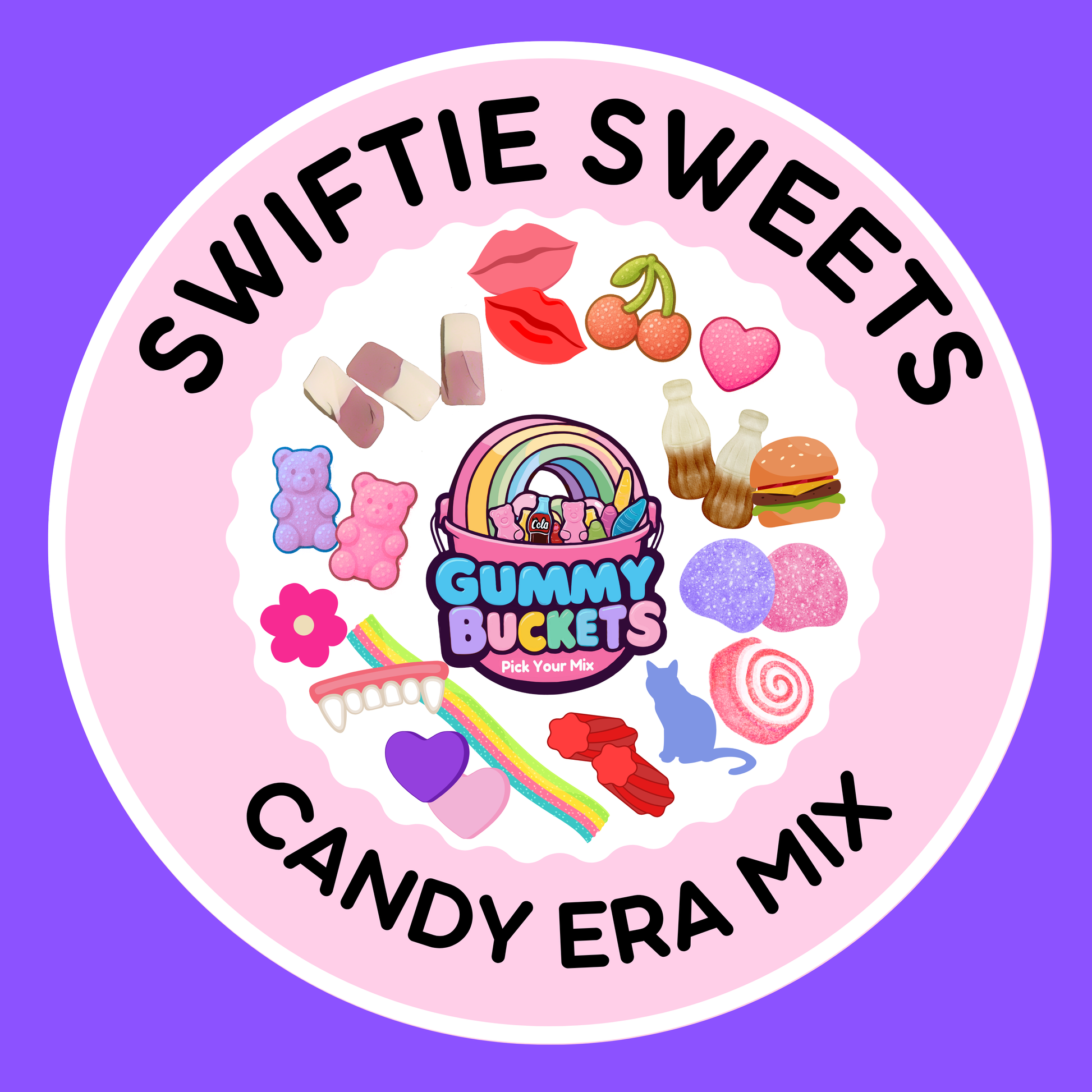 Circular logo for Swiftie Sweets Gummy Buckets Candy Era Mix on a pink and purple background