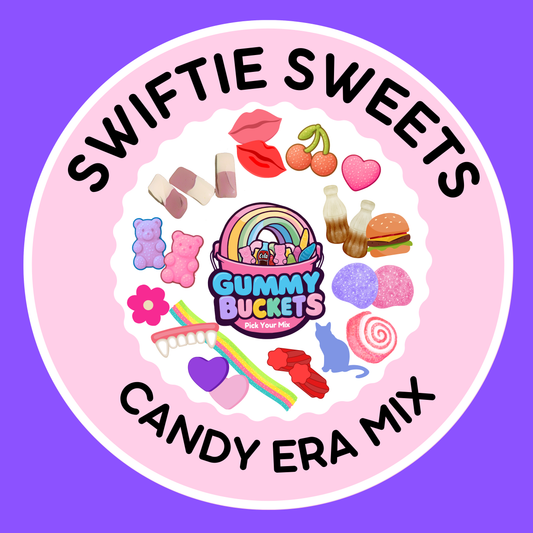 Circular logo for Swiftie Sweets Gummy Buckets Candy Era Mix on a pink and purple background