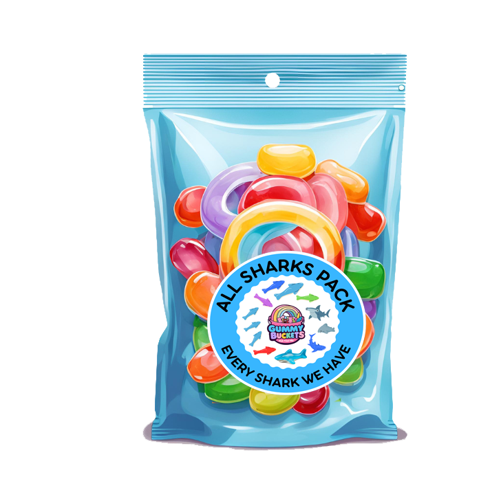 Packaged gummy shark candies with a blue label on a white background
