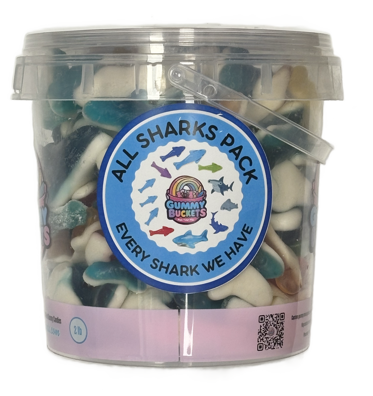 A clear plastic bucket filled with assorted shark-shaped gummy candies, featuring a large blue circular label that reads 'ALL SHARKS PACK EVERY SHARK WE HAVE' with the Gummy Bucket logo in the center.
