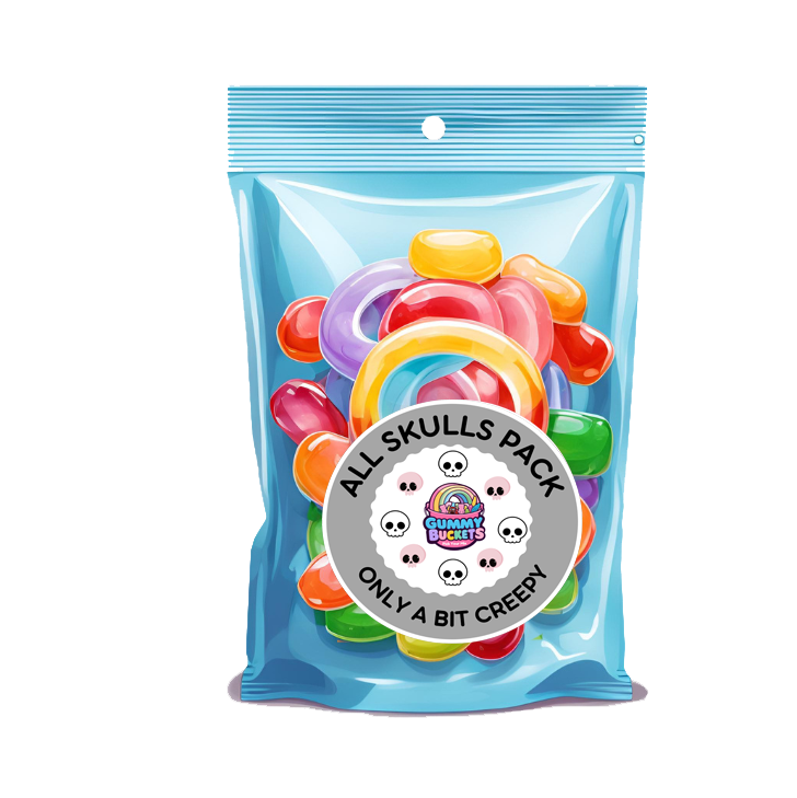 Packaged gummy candies with a blue transparent front and colorful gummies inside, on a white background.