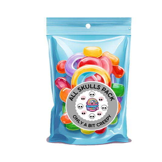 Packaged gummy candies with a blue transparent front and colorful gummies inside, on a white background.