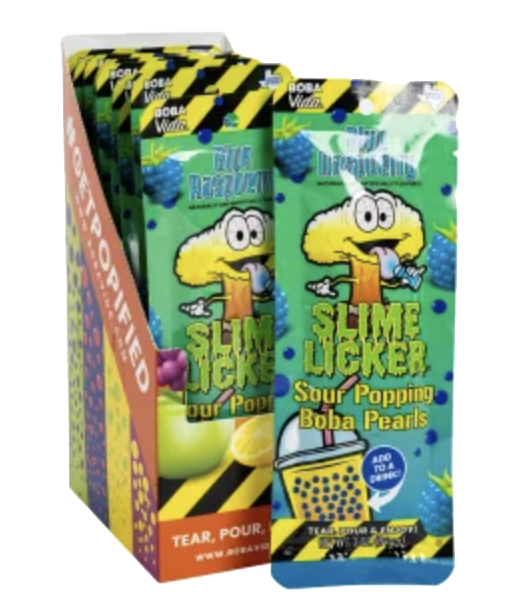 Slime Licker Blue Raspberry Sour Popping Boba Pearls packets in a display box.