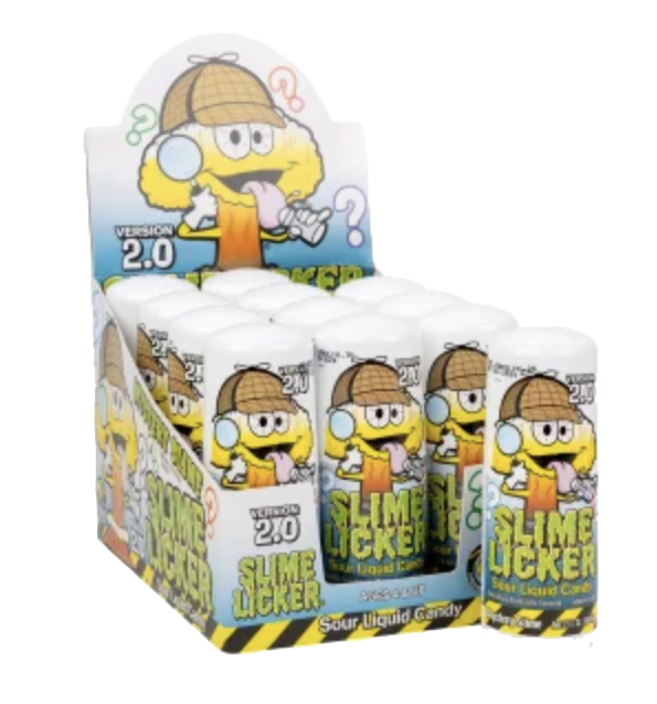 Slime Licker Mystery Flavor 2.0 sour liquid candy bottles in a display box
