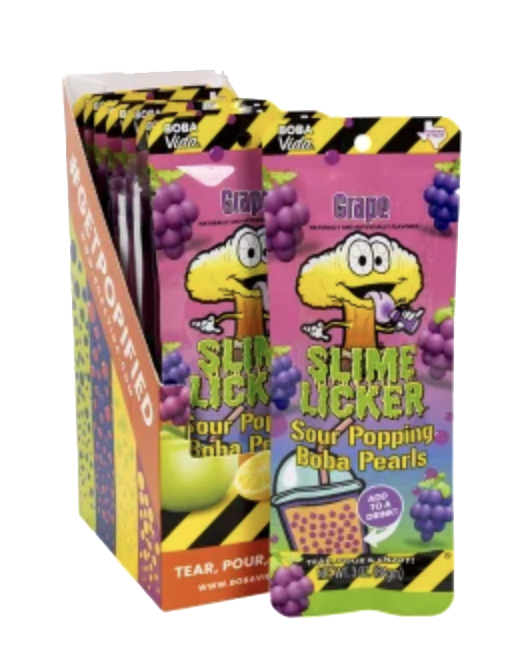 TOXIC WASTE Slime Licker grape boba candy packaging.
