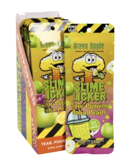 TOXIC WASTE Slime Licker green apple boba candy packaging.