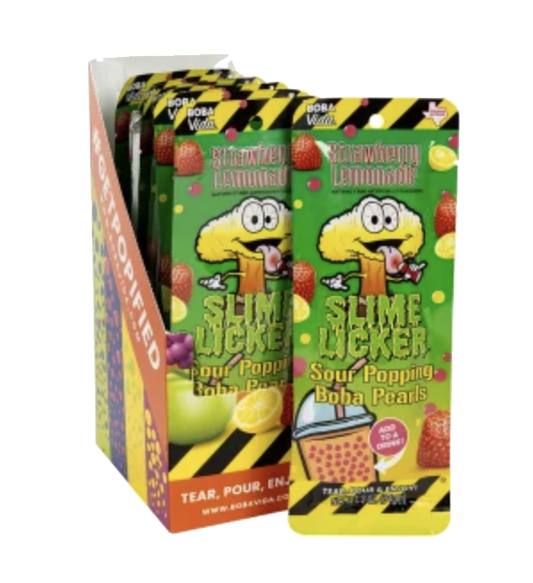 Slime Lickers Sour Popping Boba Pearls in Strawberry Lemonade flavor.