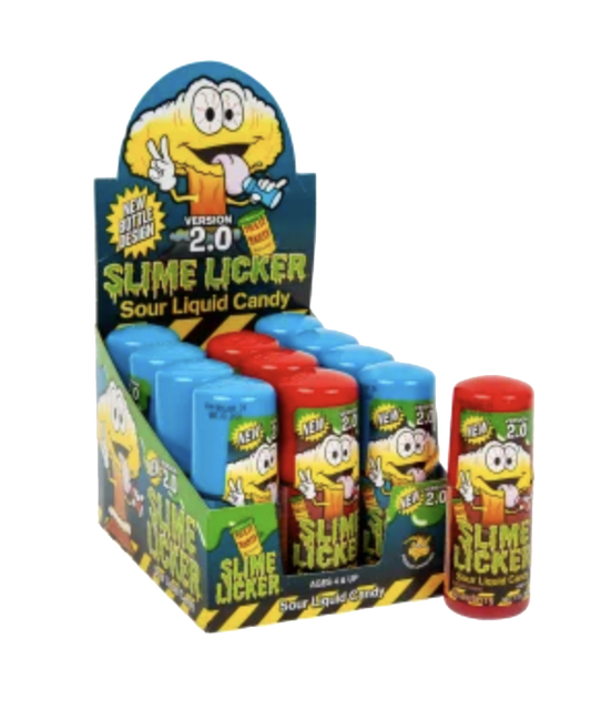 A retail display box and individual tubes of 'Slime Licker' sour liquid candy, featuring cartoon Minions characters in blue and red packaging on a white background.