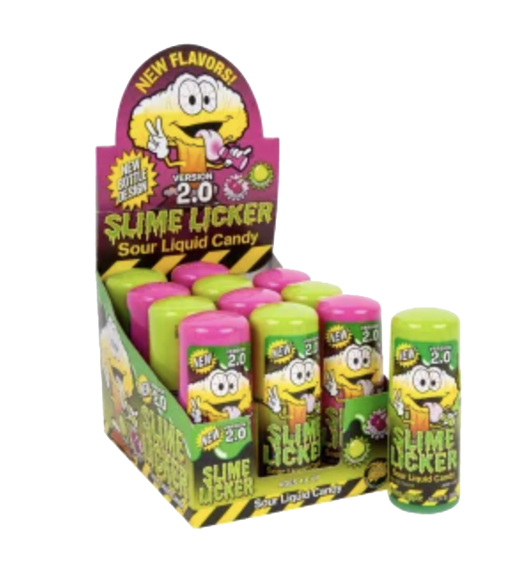 A retail display box and individual bottles of 'Slime Licker' sour liquid candy, featuring a cartoon slime character on the packaging and bright lime green, pink, and lime green candy containers.