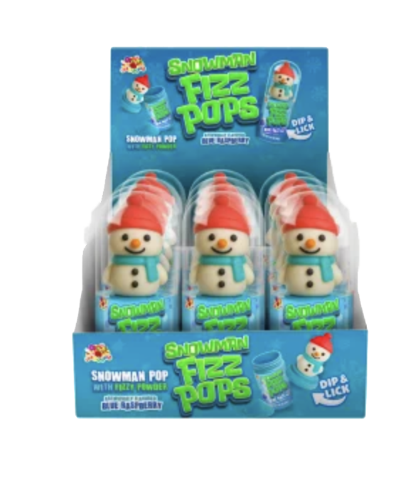 Snowman Fizz Pops candy with snowman-shaped lollipops and dipping powder.