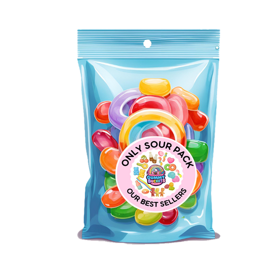 Packaged gummy candies with a blue transparent front, colorful gummies inside, and a pink label on a white background.