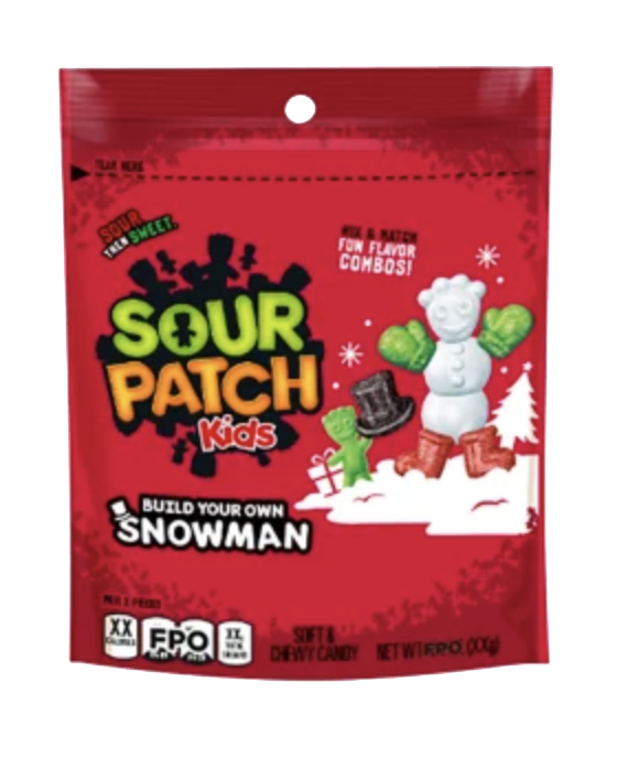 Sour Patch Kids Build Your Own Snowman candy in a red holiday bag.