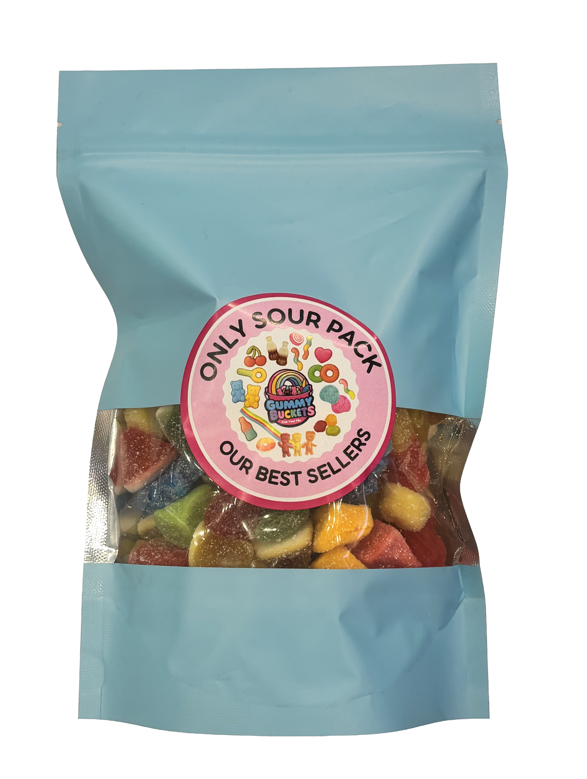 A light blue resealable stand-up pouch with a large clear window showing a colorful assortment of sugar-coated sour gummy candies including rings, peach slices, frogs, and worms in red, orange, yellow, and green inside. A round pink label on the front reads 'ONLY SOUR PACK' and 'OUR BEST SELLERS' with the Gummy Buckets logo surrounded by illustrated colorful candy icons in the center.