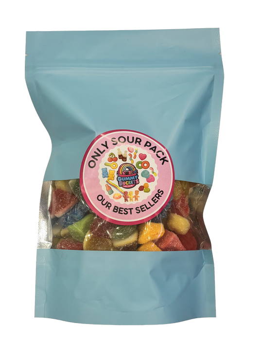A light blue resealable stand-up pouch with a large clear window showing a colorful assortment of sugar-coated sour gummy candies including rings, peach slices, frogs, and worms in red, orange, yellow, and green inside. A round pink label on the front reads 'ONLY SOUR PACK' and 'OUR BEST SELLERS' with the Gummy Buckets logo surrounded by illustrated colorful candy icons in the center.