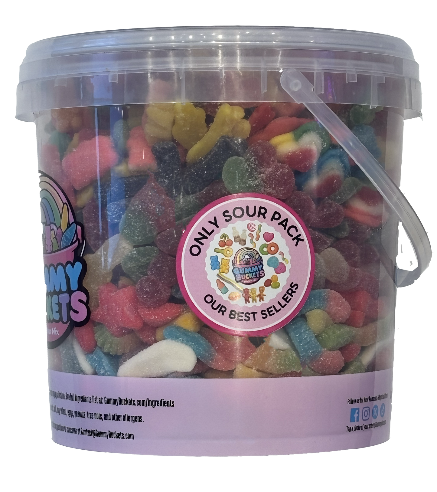 A clear plastic bucket filled with assorted sour gummy candies, featuring a pink circular label that reads 'ONLY SOUR PACK OUR BEST SELLERS' and the brand name 'Gummy Pockets' on the side.