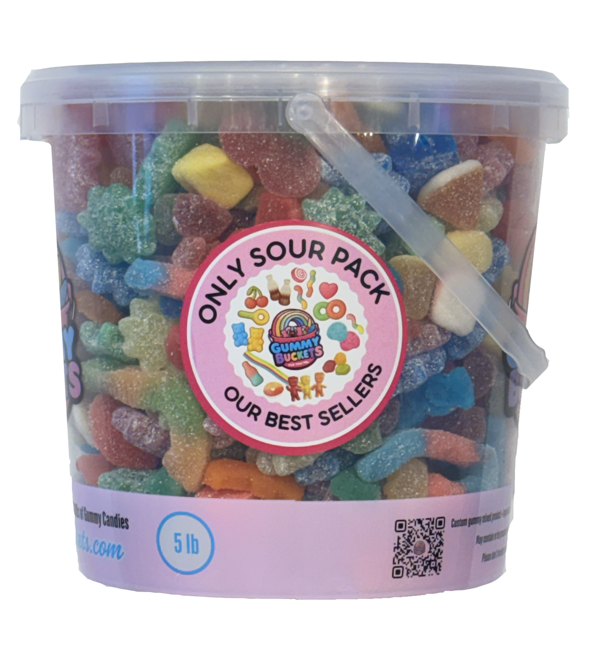 A 5 lb clear plastic tub filled with assorted sour gummy candies, featuring a pink circular 'Only Sour Pack' label on the front. The tub has a clear lid and handle, set against a plain white background.