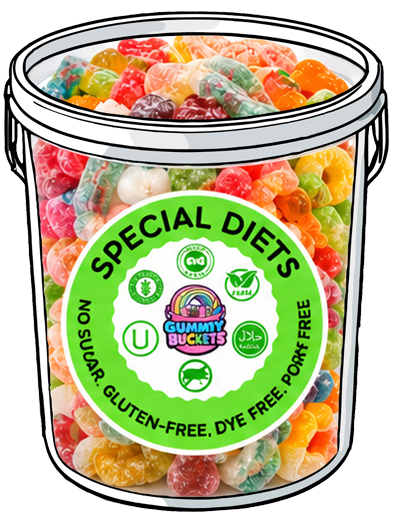 A large clear plastic tub filled with assorted colorful gummy candies, shown on a white background with a large green and white label reading 'SPECIAL DIETS' and 'GUMMY BUCKETS'.