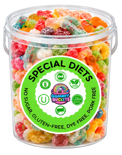 A clear plastic tub filled with assorted colorful gummy candies, featuring a large green and white circular label that reads 'SPECIAL DIETS' with icons for sugar-free, gluten-free, dye-free, and pork-free. The Gummy Buckets logo is visible at the center of the label.