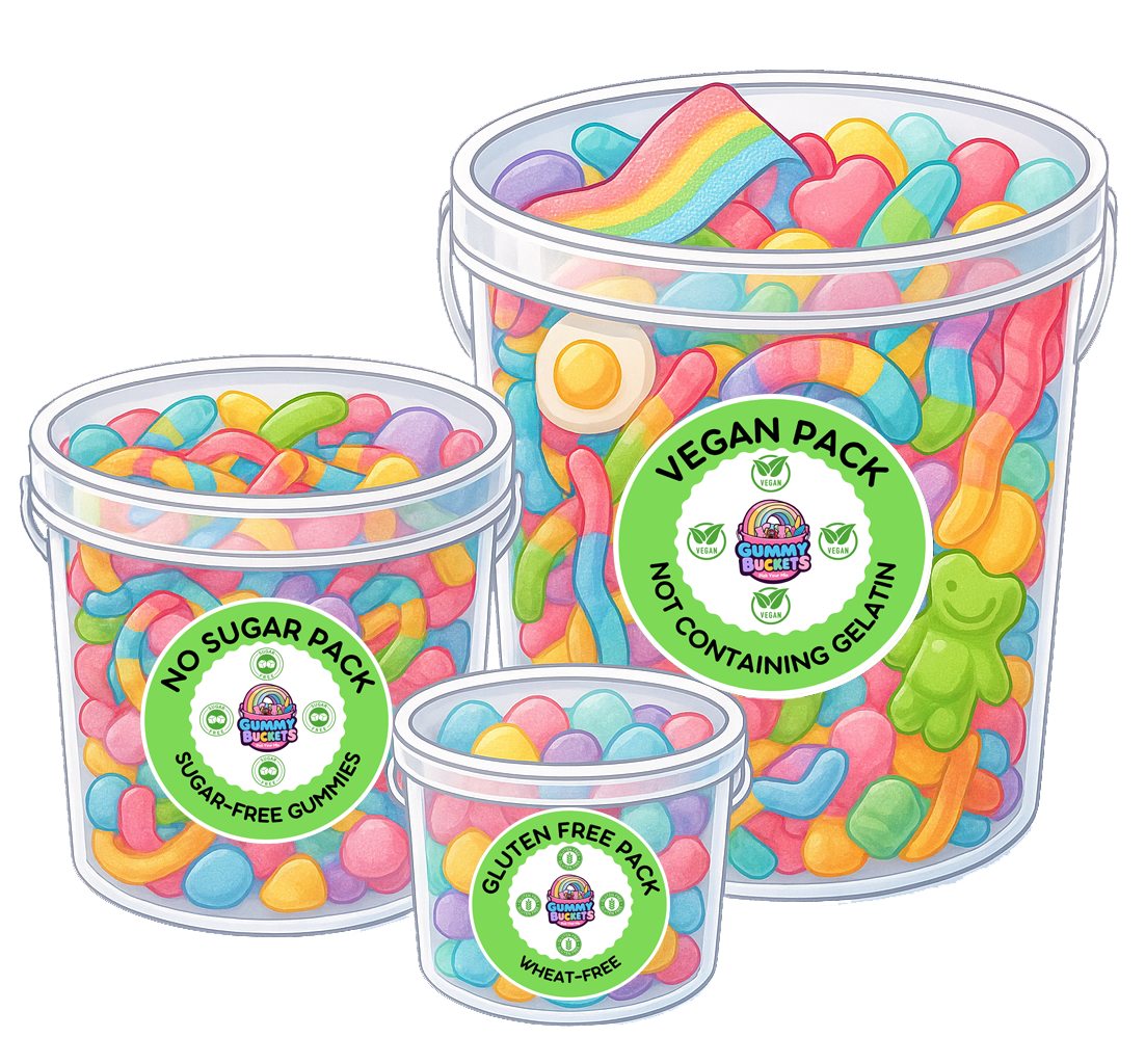 Vegan, Sugar Free, Gluten Free, Halal and Kosher Buckets of Gummy Candy