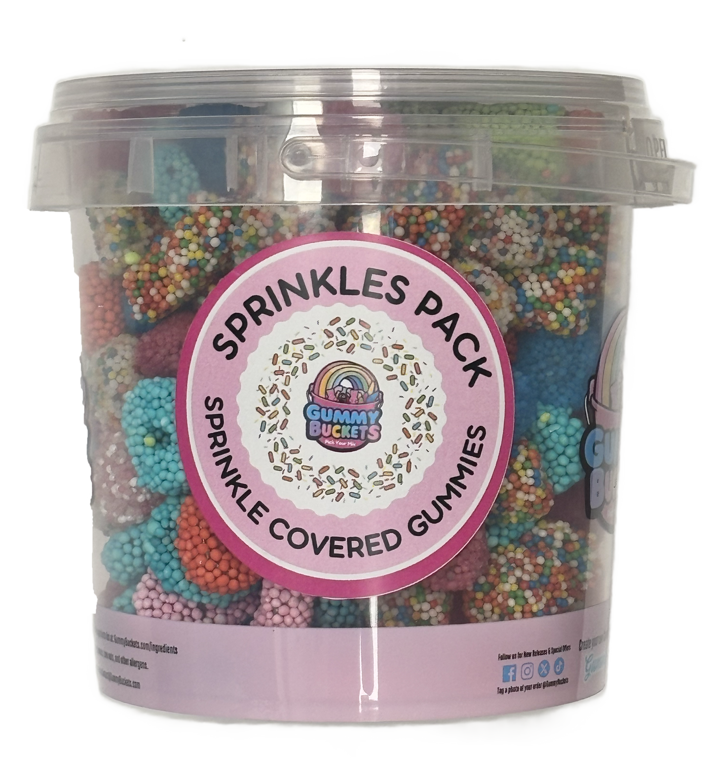 A clear plastic tub of Gummy Buckets sprinkles pack, filled with colorful sprinkles-covered gummy bears and topped with a clear lid, on a white background.