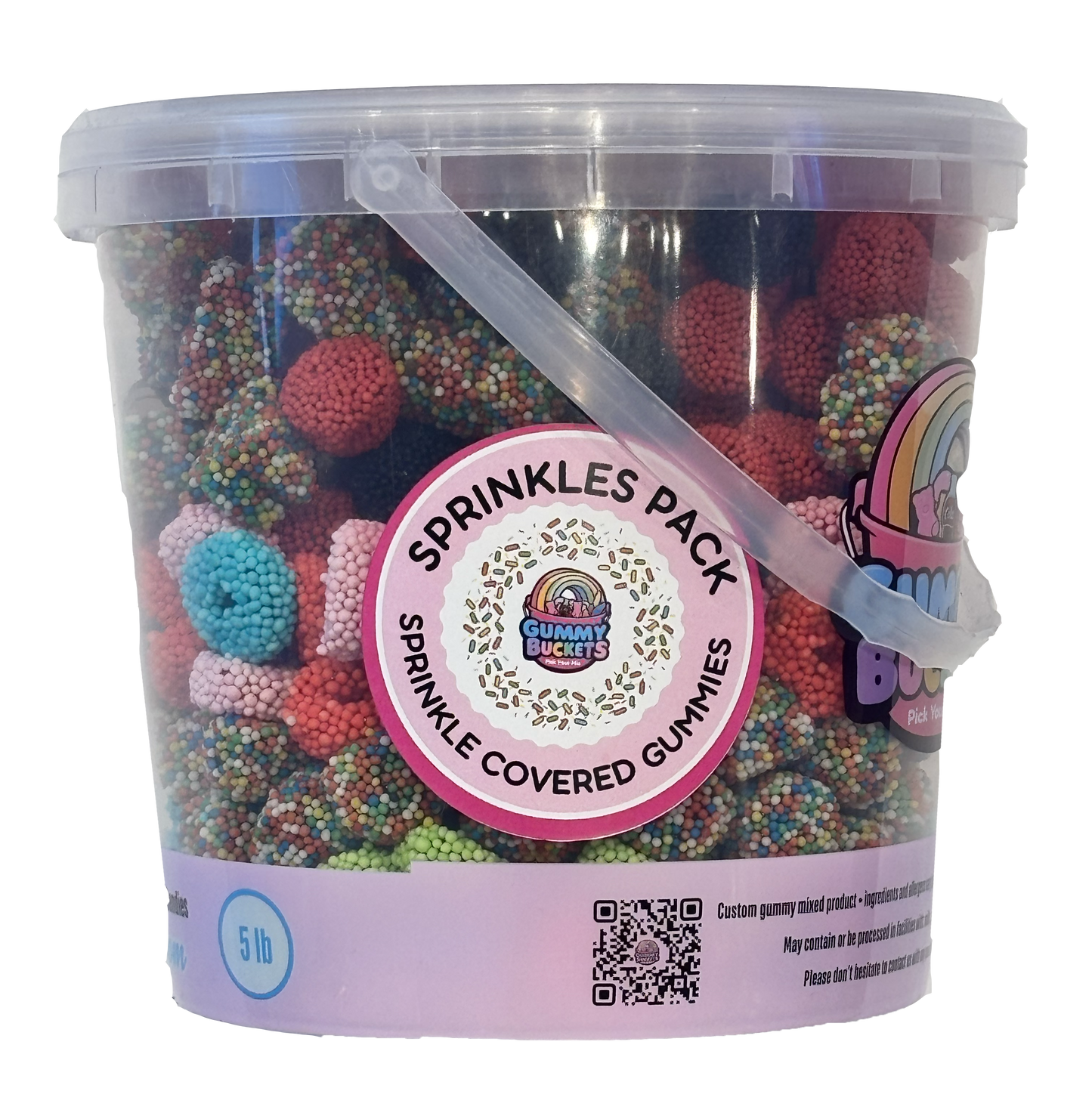 A 5 lb clear plastic bucket filled with sprinkle-covered gummies from Gum Bubb, featuring a large pink and white 'SPRINKLES PACK' label on the front.