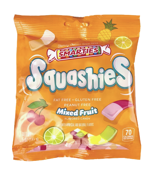 Squashies mixed fruit candy packaging.