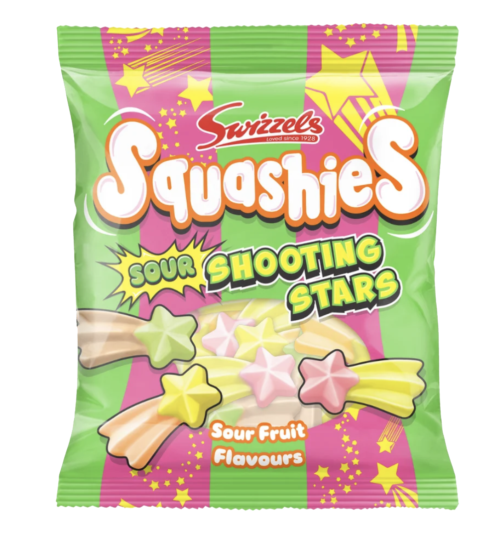 Green and pink Swizzels Squashies Sour Shooting Stars bag showing pastel shooting-star candies.