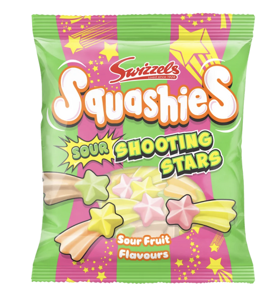 Green and pink Swizzels Squashies Sour Shooting Stars bag showing pastel shooting-star candies.