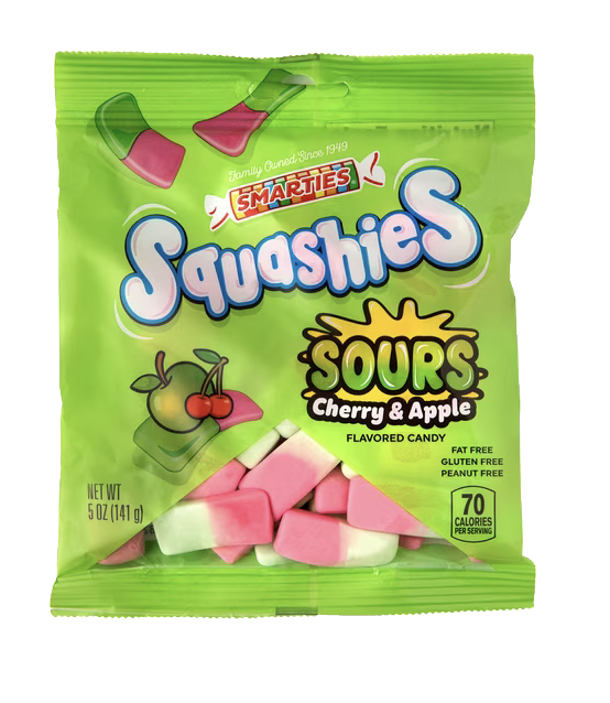 Squashies sour candy packaging.