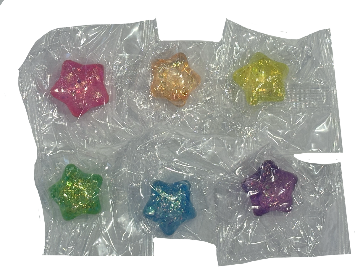 Sparkle star squishes - pink, orange, yellow, green, blue and purple.