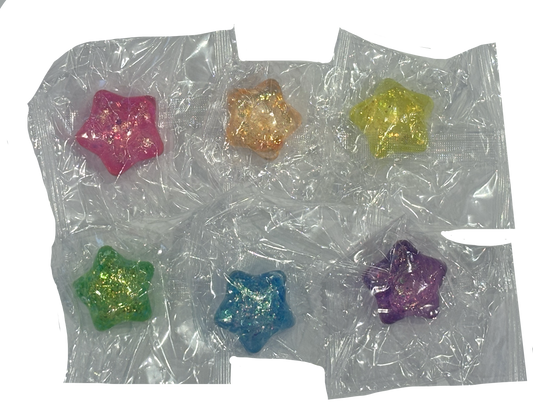 Sparkle star squishes - pink, orange, yellow, green, blue and purple.