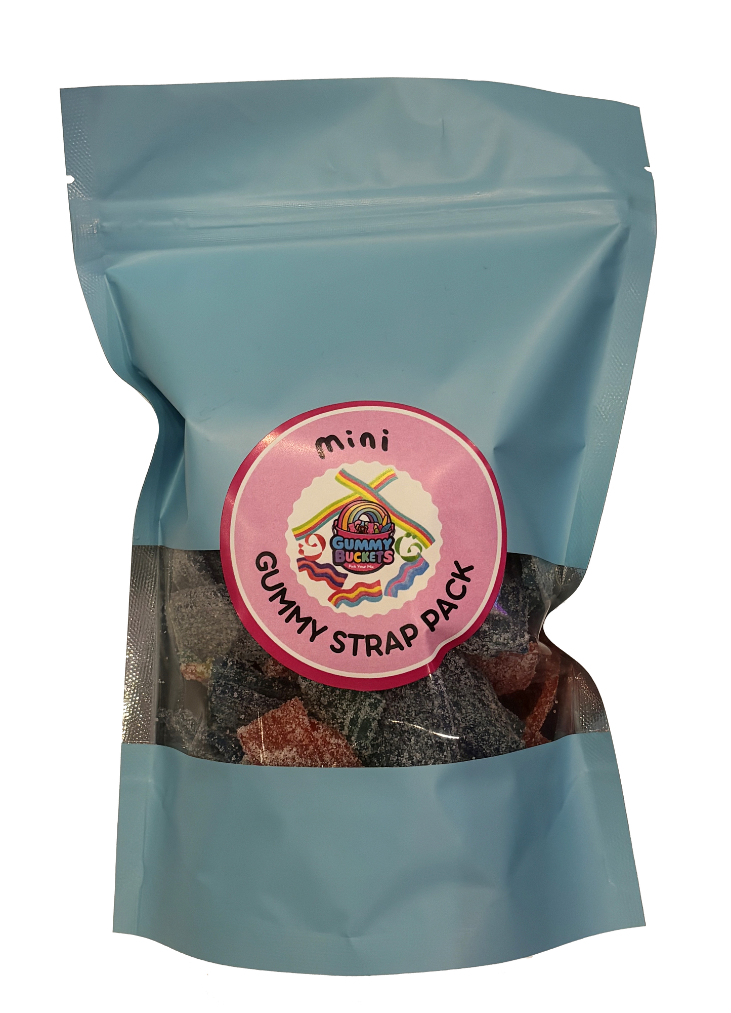 A light blue resealable stand-up pouch with a large clear window showing a colorful assortment of small mini gummy strap candies in red, purple, blue, orange, and green inside. A round pink label on the front reads 'mini GUMMY STRAP PACK' with the Gummy Buckets logo surrounded by illustrated colorful crossed strap candy icons in the center.