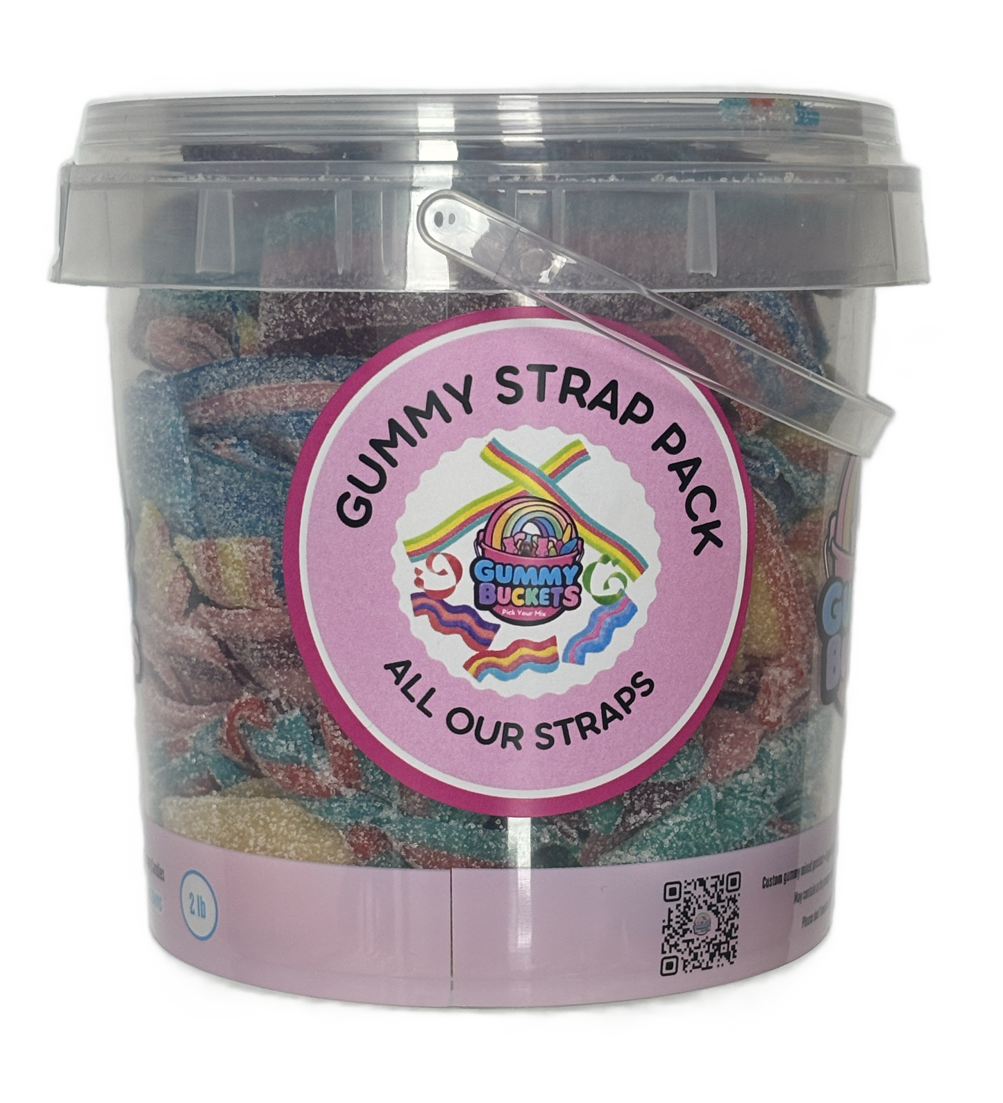 A clear plastic tub filled with colorful gummy straps, featuring a large pink circular label that reads 'GUMMY STRAP PACK' and 'ALL OUR STRAPS' with the Gummy Buckets logo in the center.